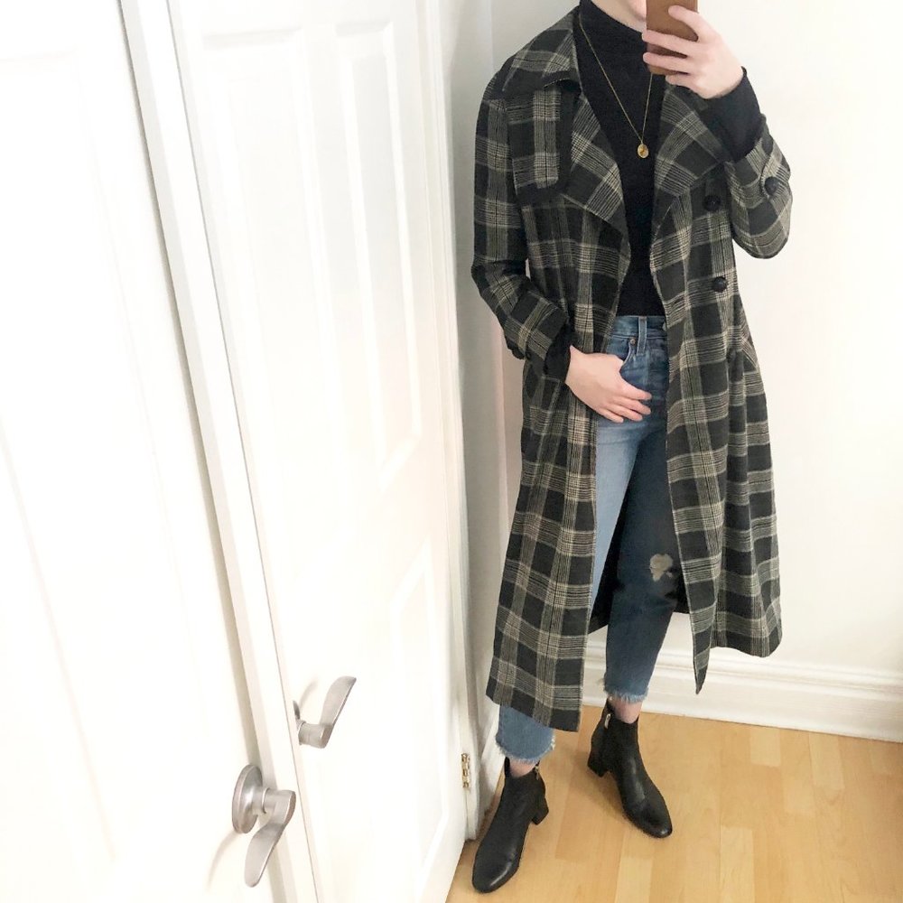 Vintage Black and Gray Plaid Trench Coat